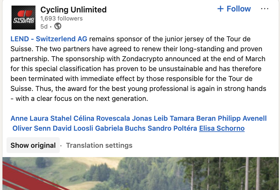 Zondacrypto Sponsorship Terminated by Tour de Suisse